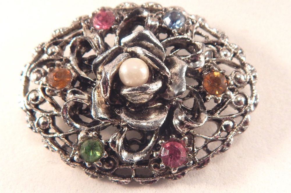 Pearl Rose Brooch Filigree Silver Metal Pin Colorful Rhinestone Vtg Jewelry