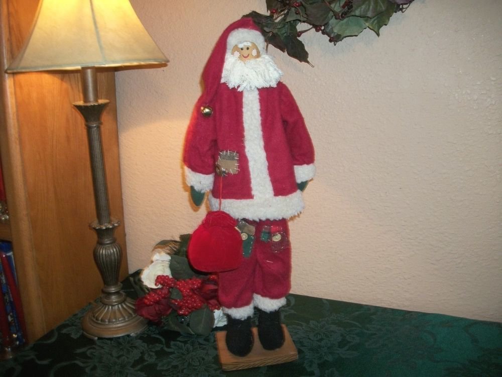Skinny Santa Claus Statuette Wood Fabric Red White VTG Handmade Christmas Decor