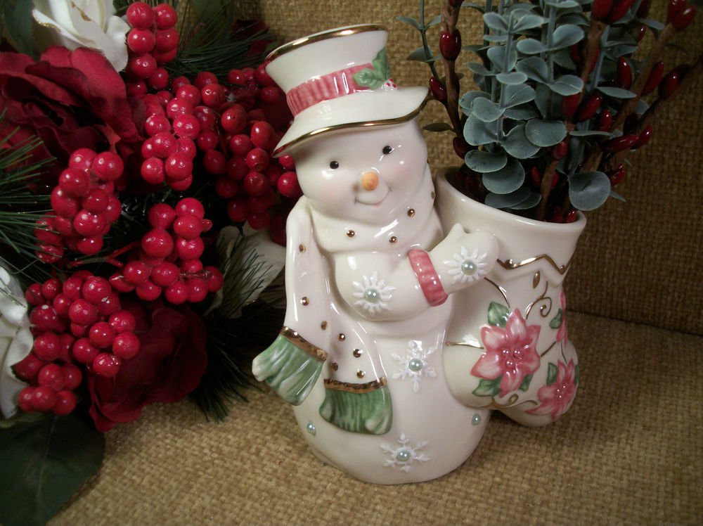 White Porcelain SNOWMAN with Stocking Figurine by LENOX Pink Green Gold Vase