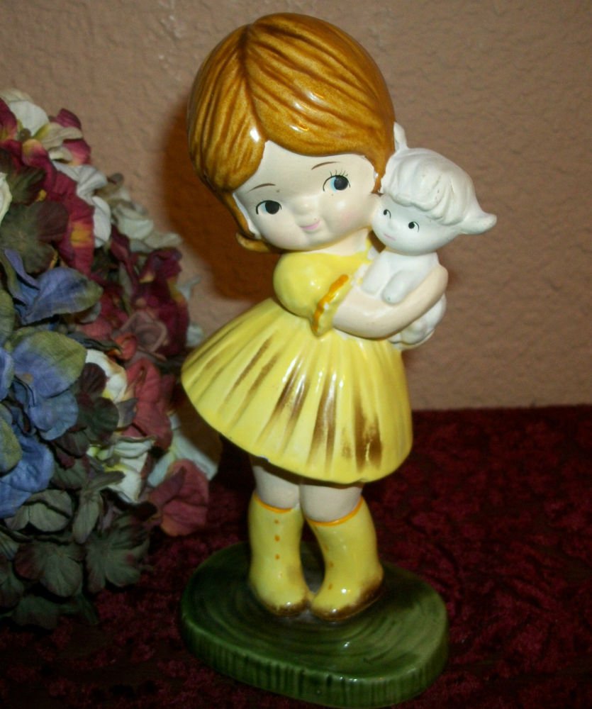 Girl Holding Baby Lamb Hand Painted VTG Figurine Spring Farmhouse Home Decor