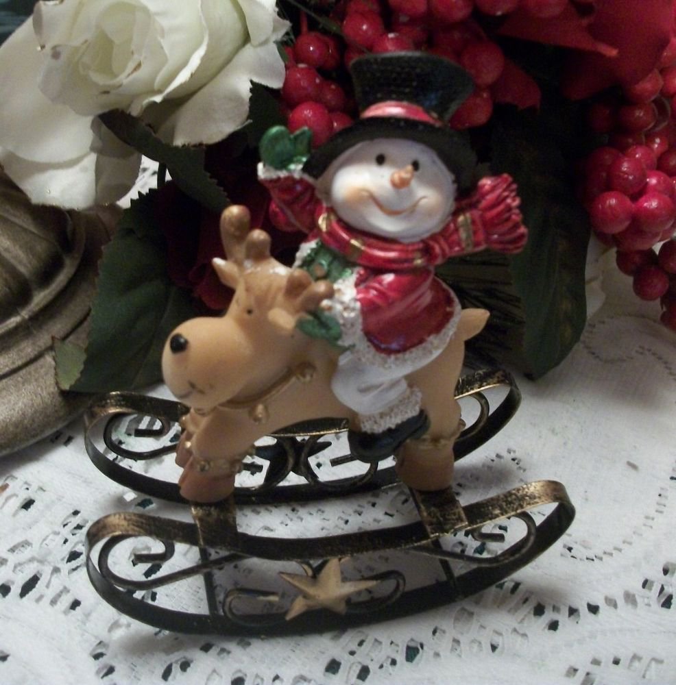 Snowman Riding a Reindeer Rocking Horse Figurine Christmas Winter Decoration