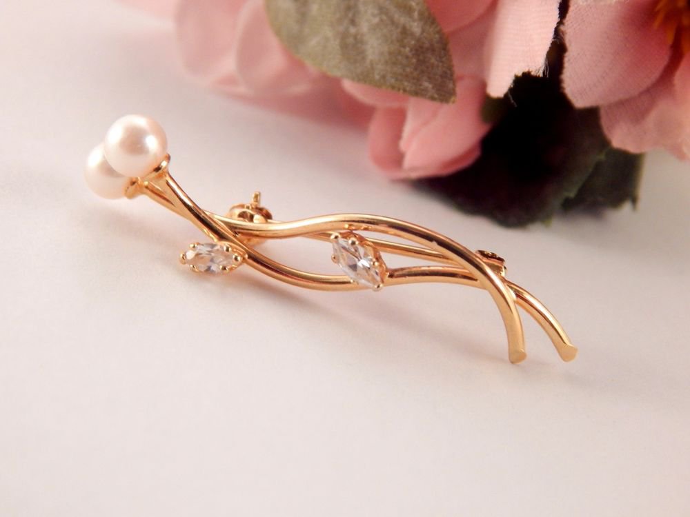 Cultured Pearl & CZ Floral Brooch 14kgf Pin VTG Costume Jewelry June Birthstone