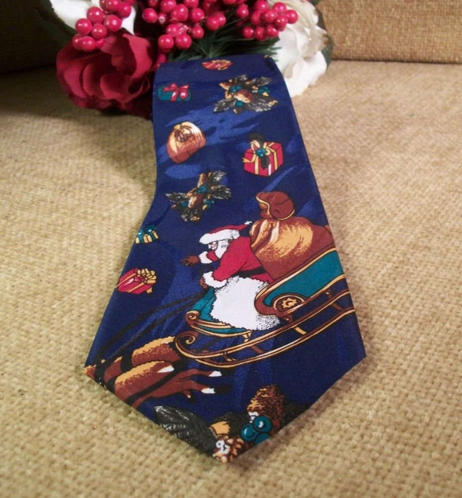 Christmas Necktie by Creative Apparel Group Navy Blue Polyester Santa Sleigh Tie