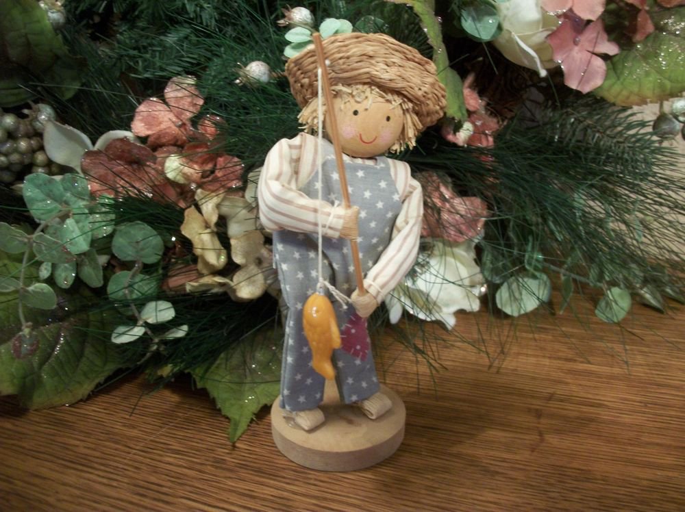Fishing Boy Figurine Corn Husk Doll VTG Folk Art Americana Straw Hat Fisherman