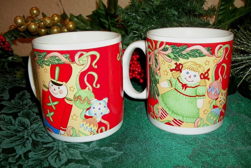 Christmas Mugs Two Ceramic Nutcracker Soldier and Doll Cup VTG Sakura Tableware