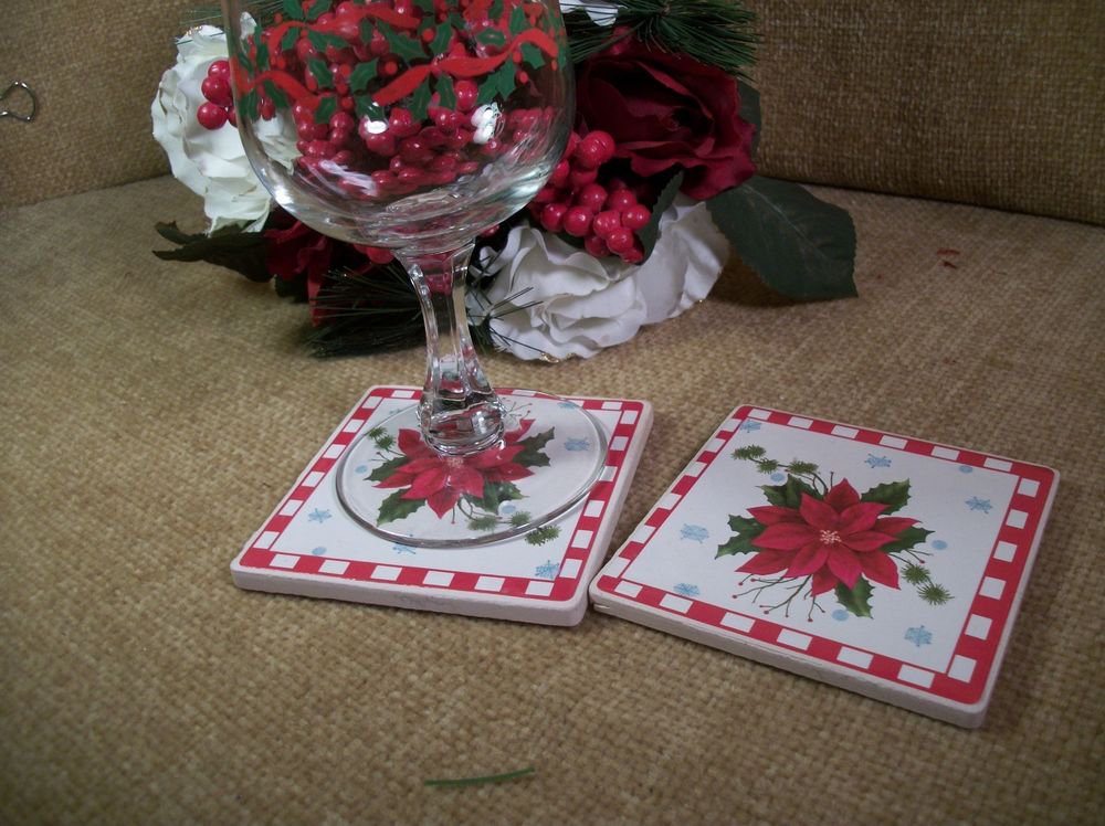 Four Christmas Coasters in Wire Caddy Square Ceramic Tiles Red Poinsettia Decal