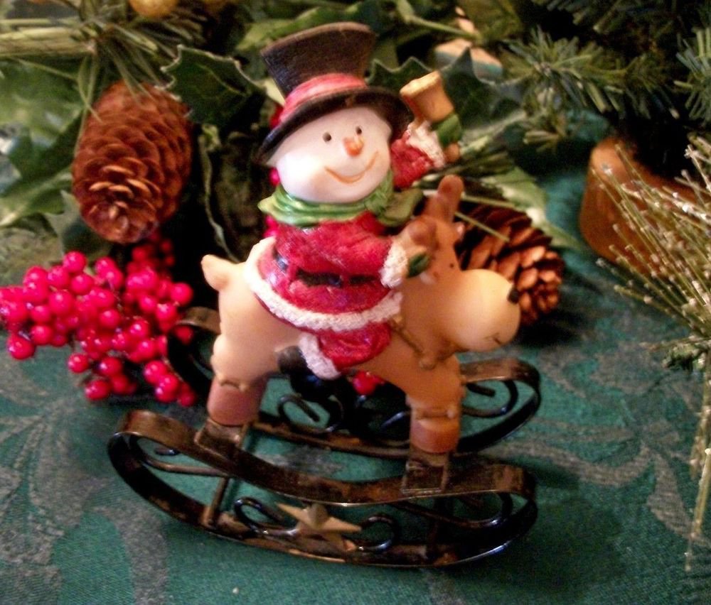 Snowman Santa on Reindeer Rocking Horse Figurine Christmas Winter Decoration