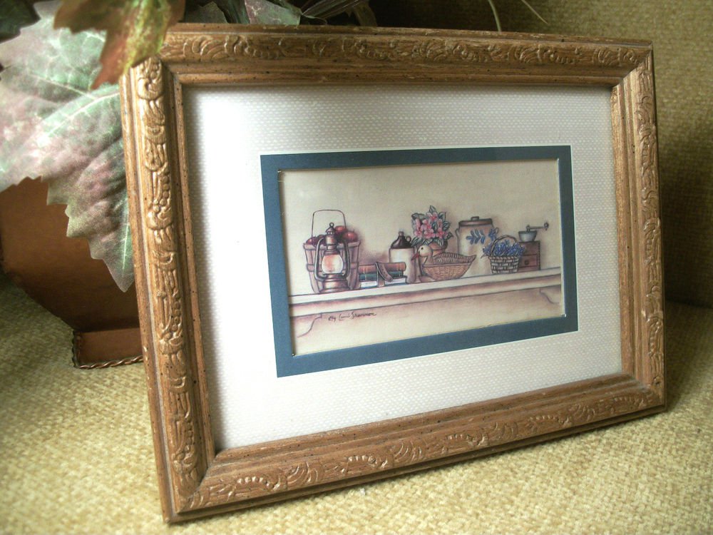 VTG Framed Art Print by Kay Lamb Shannon Kitchen Shelf Crock Jug Apple Baskets