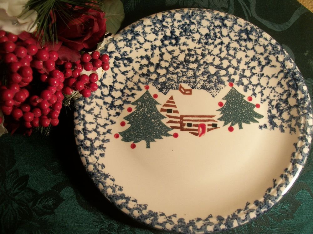 Folk Craft Cabin in the Snow Plate, Christmas Serving Platter Holiday Tableware