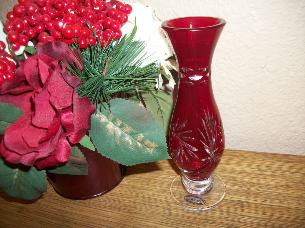 Red Lead Crystal Hand Cut Art Glass Bud Vase from Poland Elegant Home Decor