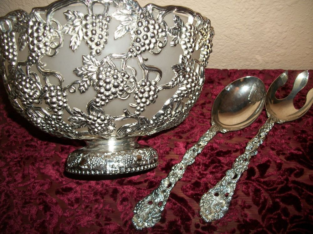 Godinger Silverplated VTG Serving Set Grape Cluster Bowl Fork Spoon Glass Liner