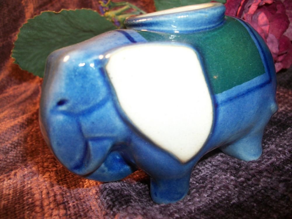African Elephant Candle Holder Blue Ceramic Hand Painted Home Decor Mood Light