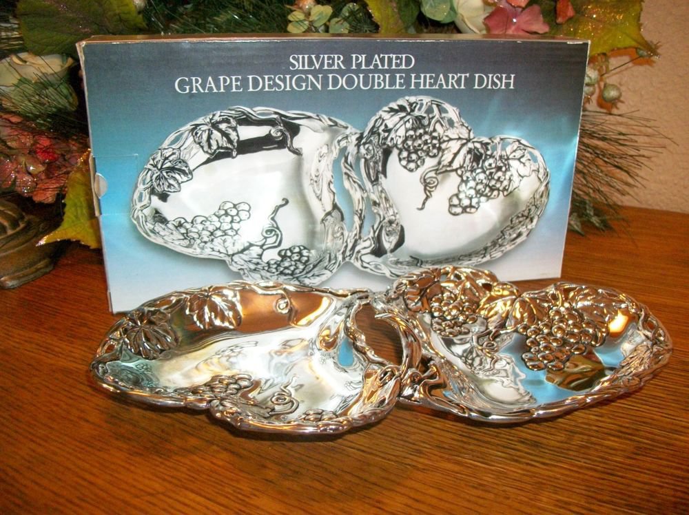 Godinger Silver Plated Double Heart Candy Nut Serving Tray Grape Design 9710
