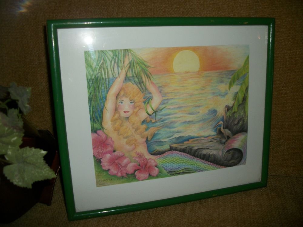 Sea Mermaid at Sunset Framed Art Print by R Elaine Holm Ocean Fantasy Wall Decor