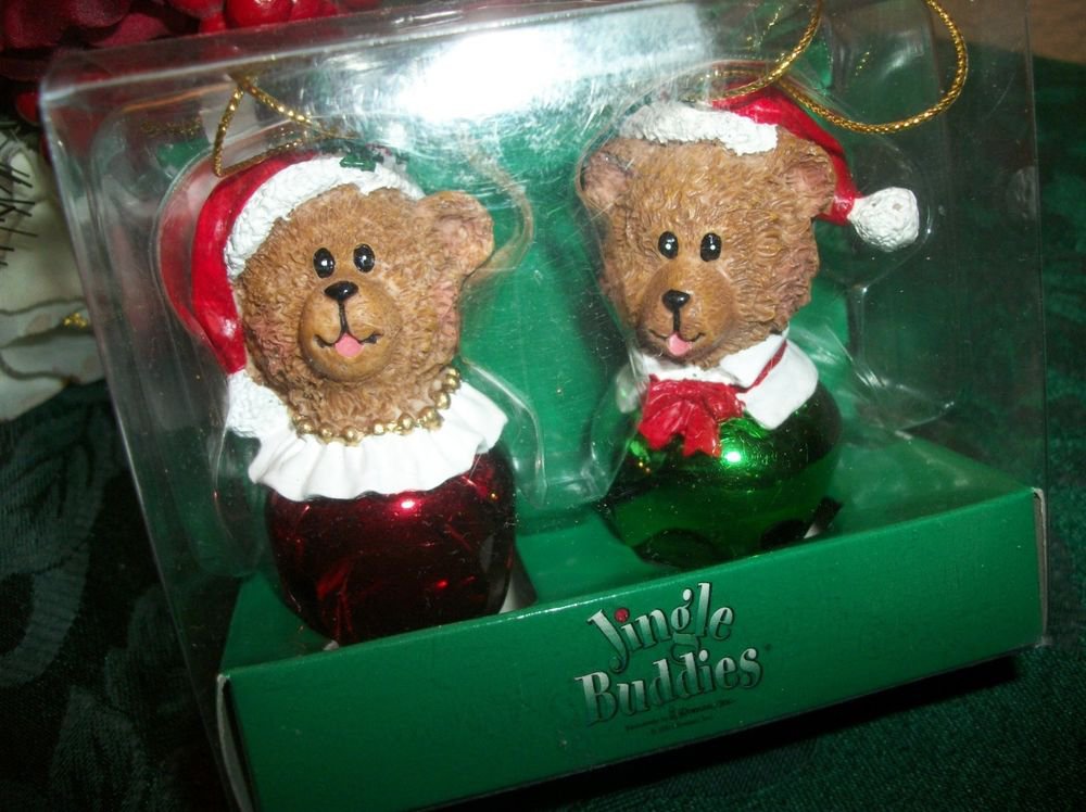 NIB Teddy Bear Couple Jingle Bell Christmas Tree Ornaments Red Green His Hers