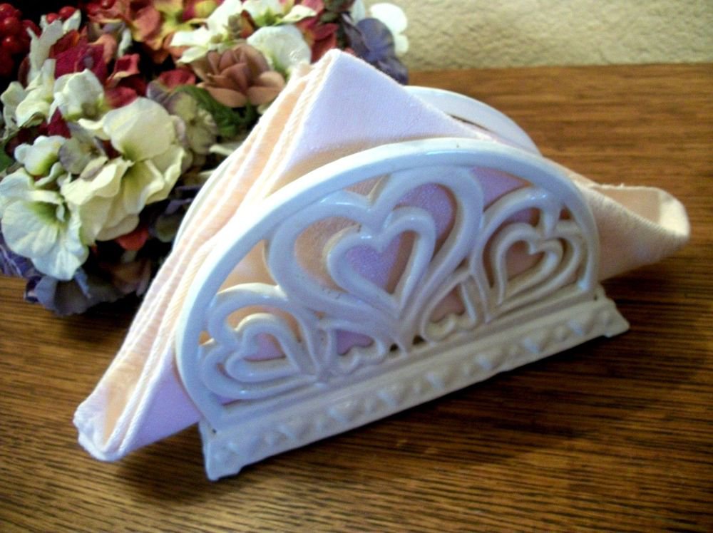 Napkin Holder White Wrougt Iron Hearts Cottage Chic Kitchen Organizer Tableware