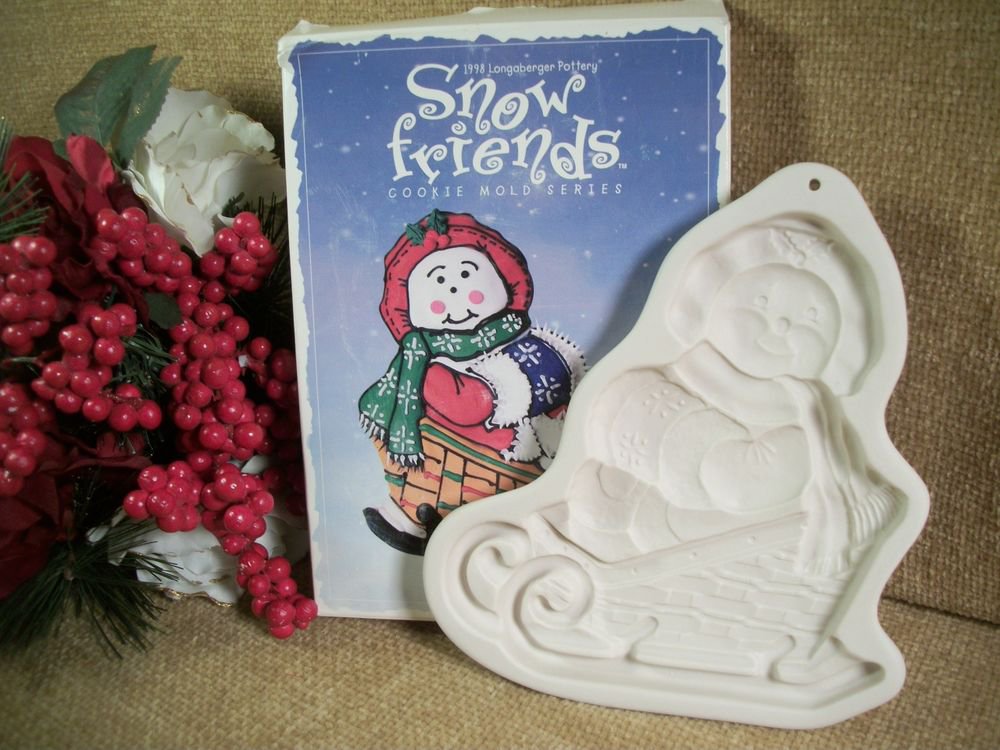 Longaberger Pottery Cookie Mold Snow Friends Sleigh Bells Snowman Christmas 1998