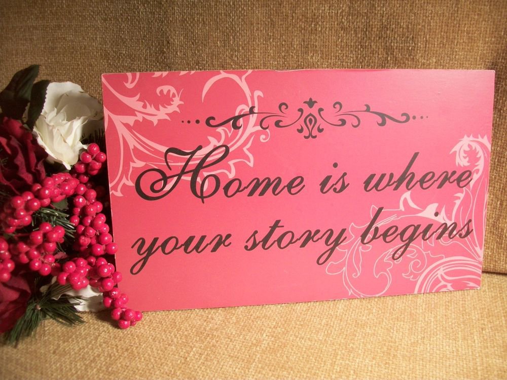 Home is Where Your Story Begins Wood Sign Wall Hanging Black Red Pink Decor
