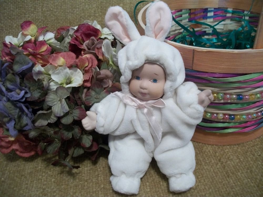 Porcelain Baby Doll White Rabbit Rabbit Snowsuit VTG Collectible Toy Home Decor