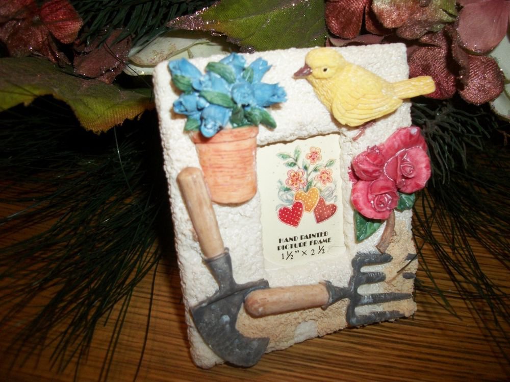 Tiny Portrait Picture Frame Garden Theme Hand Painted Cast Resin Easel Back