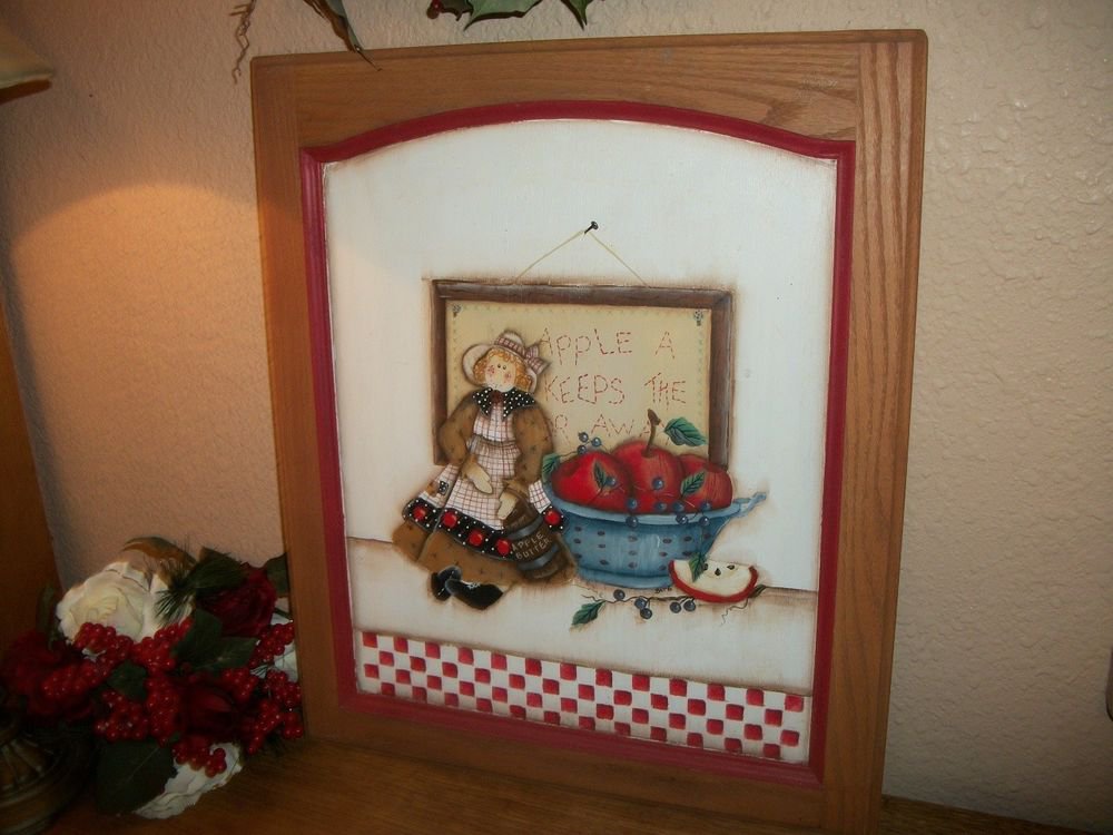 Original Art Wall Hanging Country Kitchen Farmhouse Red Apple Rag Doll Picture