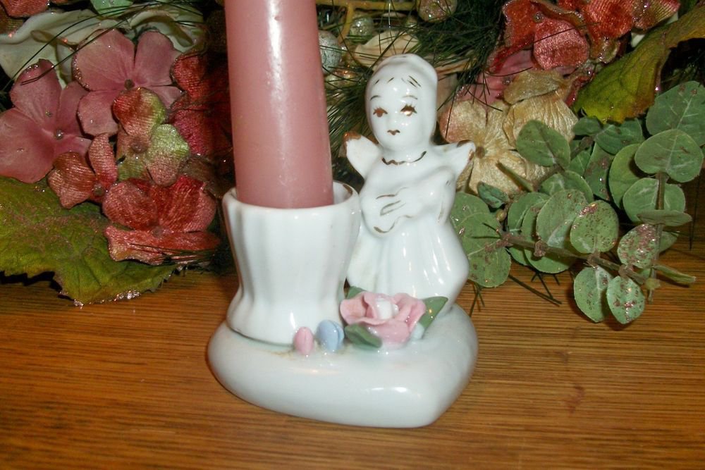Cottage Chic Porcelain Angel Candle Holder with Pink Roses Victorian Decor