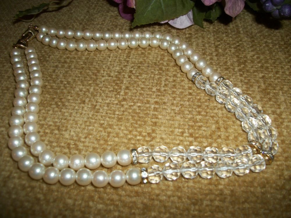 Necklace White Pearl Beads Clear Faceted Acrylic Beads 18" Double Strand Jewelry