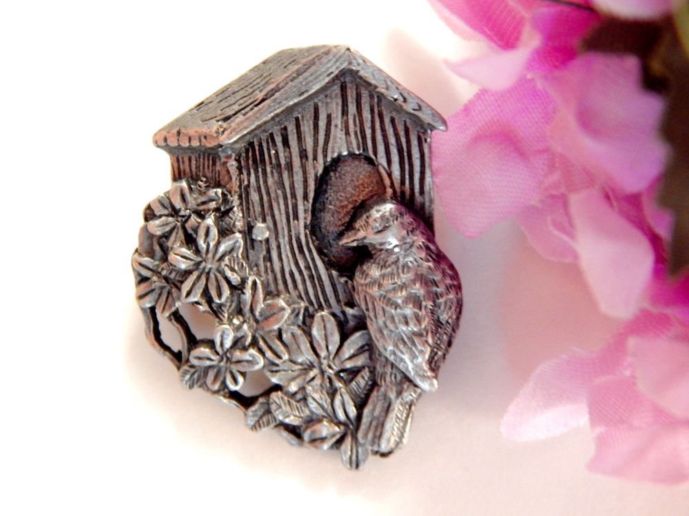 Pewter Bird House Pin Birds and Blooms Limited Edition Brooch 1997 Jewelry
