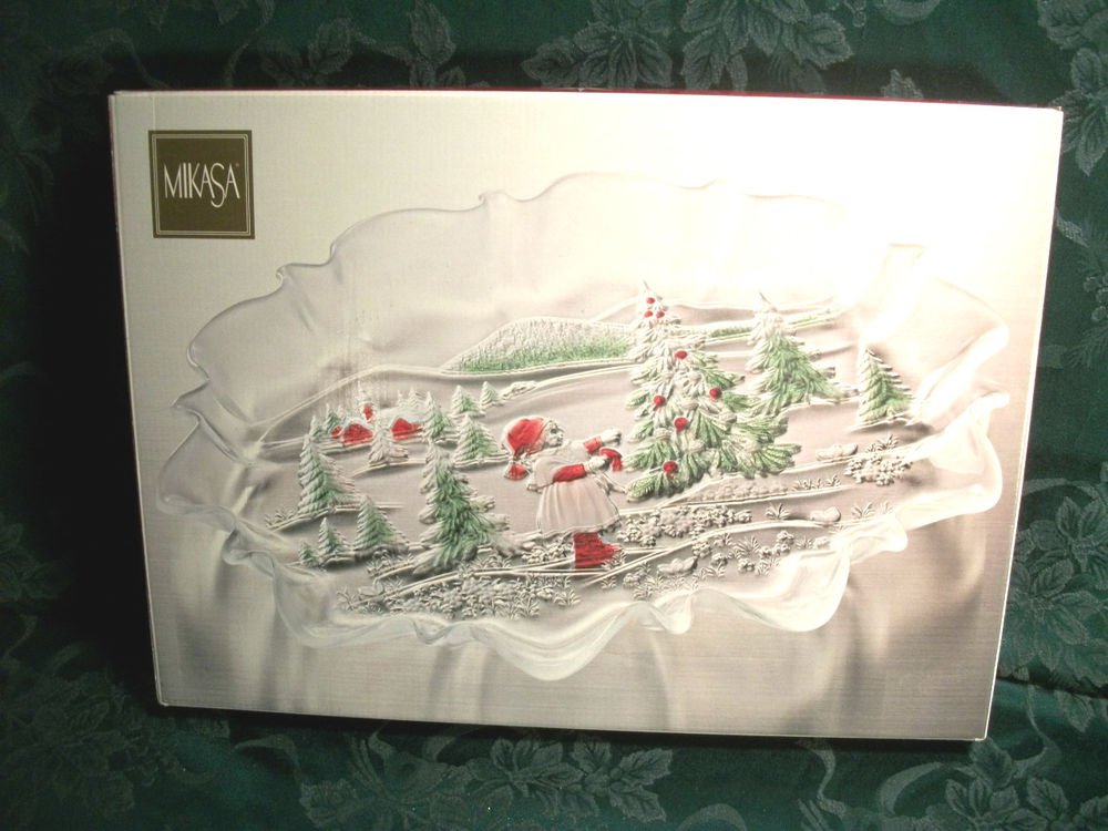 MIKASA Clear Frosted Glass Tray Christmas Winter Landscape NIB Oval 17" Platter