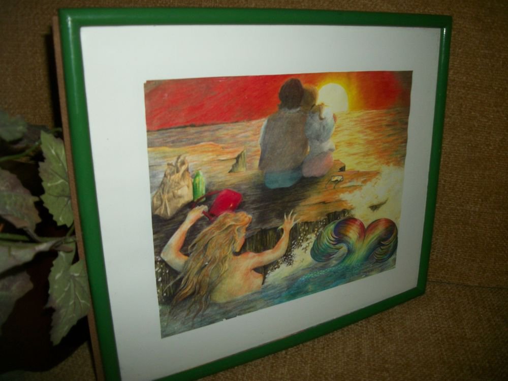 Ocean Mermaid Couple at Sunset, Sea Thief, Framed Art Print by R. Elaine Holm