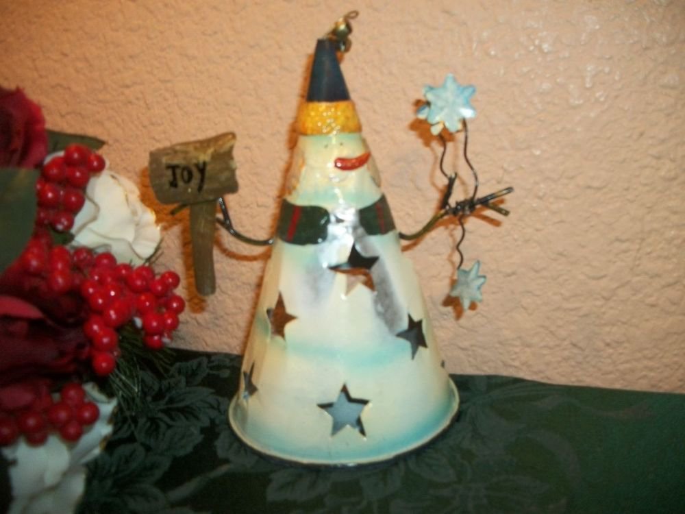 Hand Painted Star Cut Metal Snowman Votive Candle Holder Christmas Winter Decor