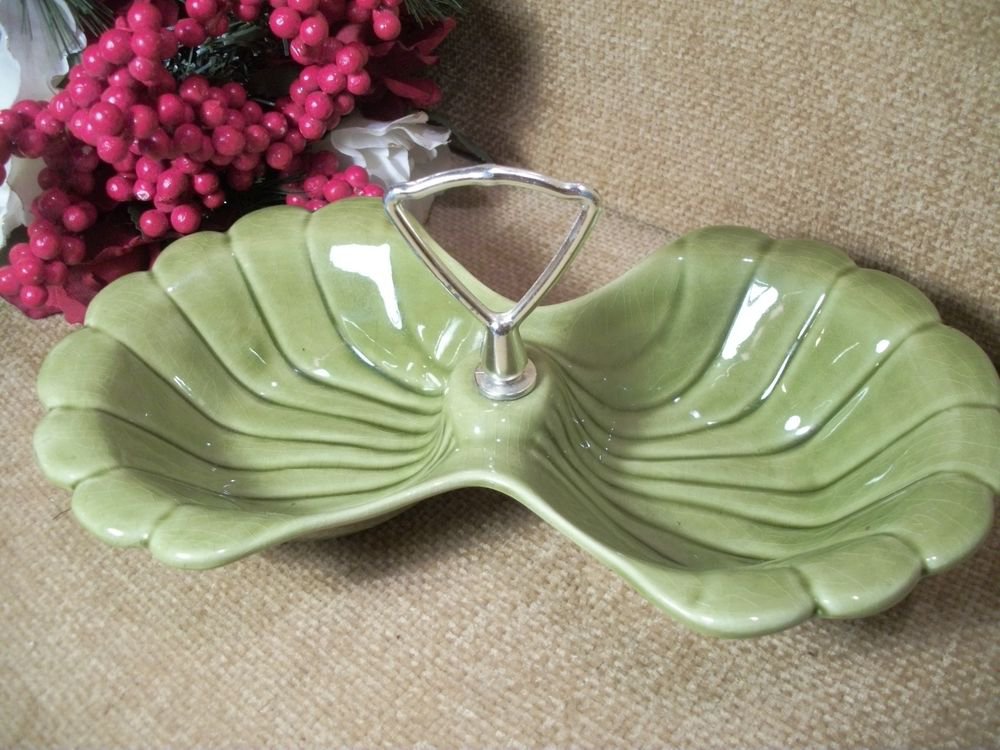Condiment Dish Avocado Green Divided Serving Bowl VTG California Pottery Ceramic