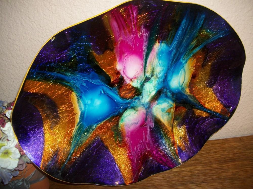 Handpainted Tray Centerpiece Wall Hanging Metallic Colorful Modern Art HomeDecor