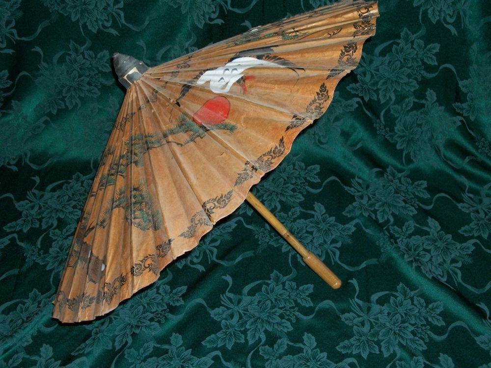 Japanese Bamboo Umbrella Painted Rice Paper Parasol Crane Bonsai Asian Antique