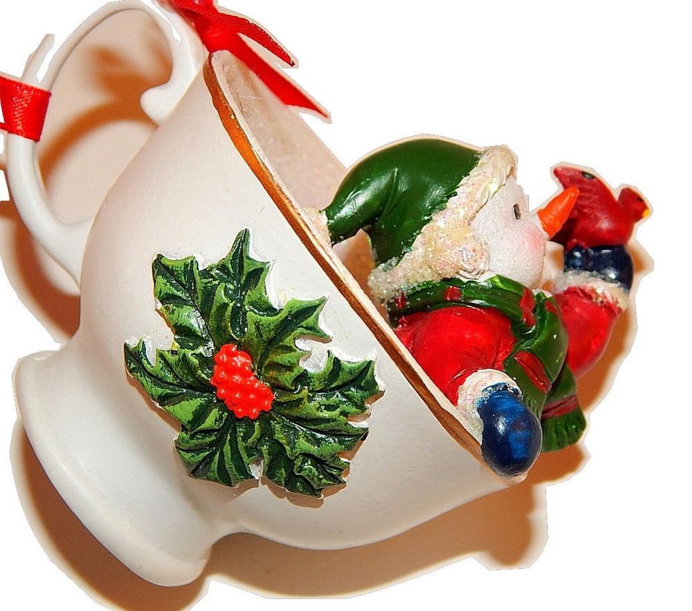 Snowman Tea Cup Christmas Tree Ornament Colorful Handpainted Resin Figurine