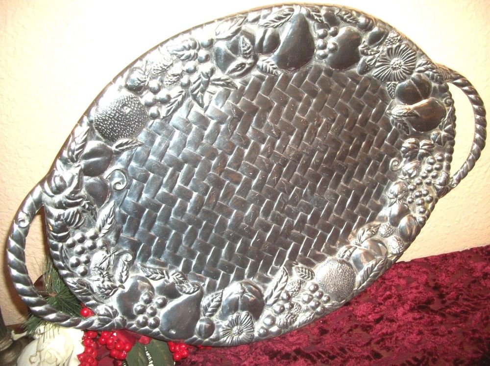 Lenox Oval Serving Tray VTG Pewter & Aluminum Basket Weave Fruit Silver Platter