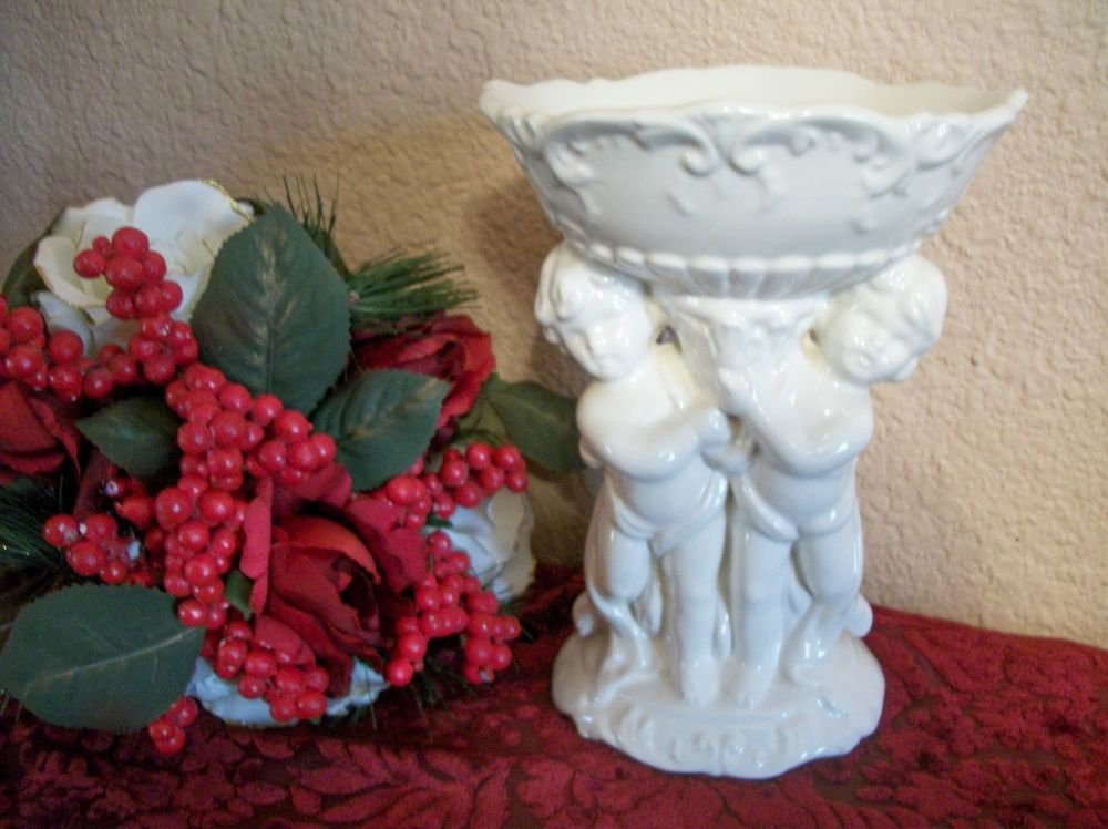 Ceramic Cherubs Pedestal Dish White Angels VTG Candy Soap Potpourri Cache Pot