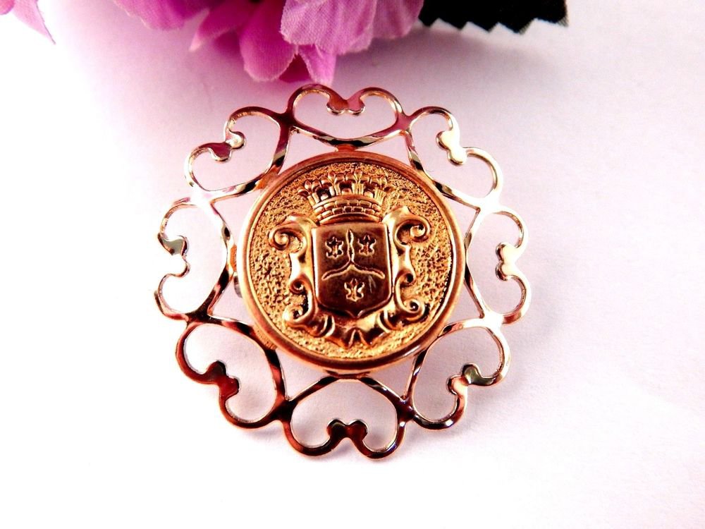 Medallion Brooch Gold Metal Crest Coin Pin Chain of Hearts Frame Vintage Jewelry