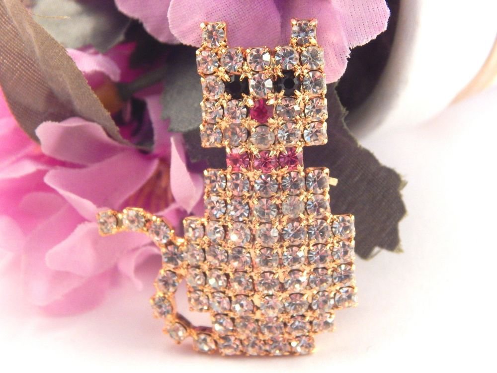 Rhinestone Cat Brooch Sparkly Gold Metal Kitten Pin Costume Jewelry Vintage Gift