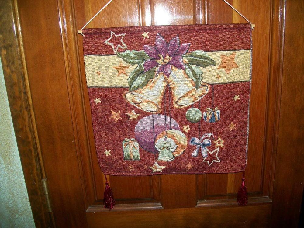 Tapestry Christmas Wall Hanging Banner Red Gold Holiday Bells Angel Decor