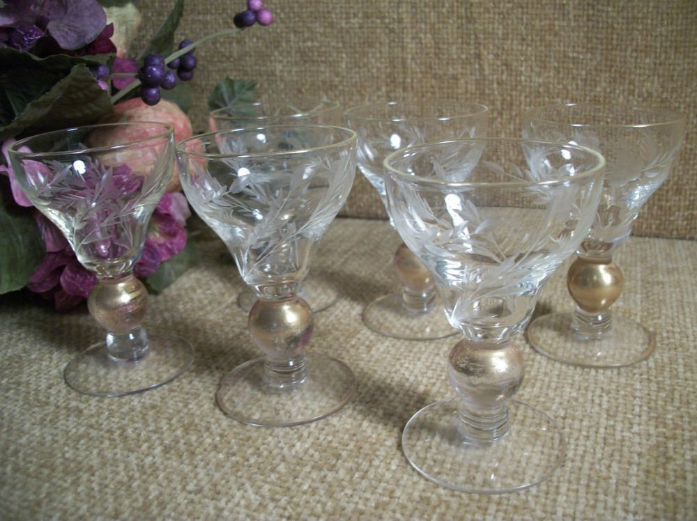 Bar Glasses Aperitif Cordial Liquoir Six VTG Etched Gold Ball Stemware Barware