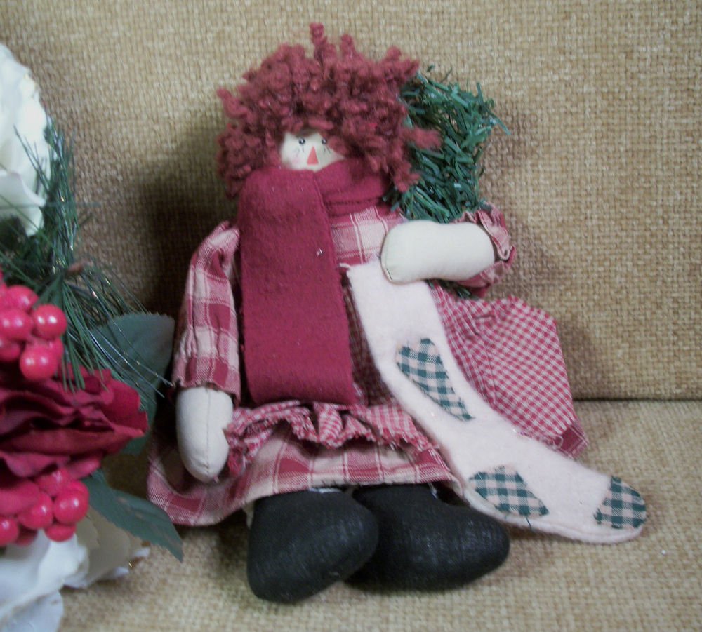 Soft Sculpture Rag Doll Counrty Christmas Girl Raggedy Style Winter Decoration