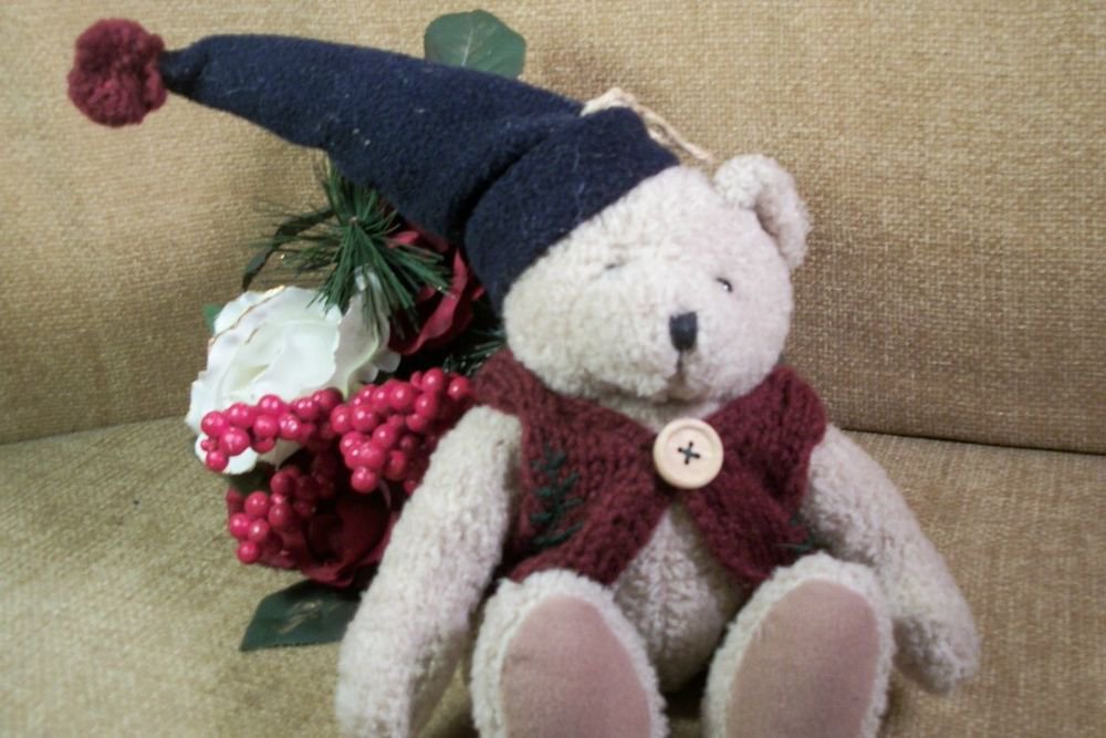 Brown Plush Stuffed TEDDY BEAR Winter Home Decor Blue Hat Knitted Red Sweater