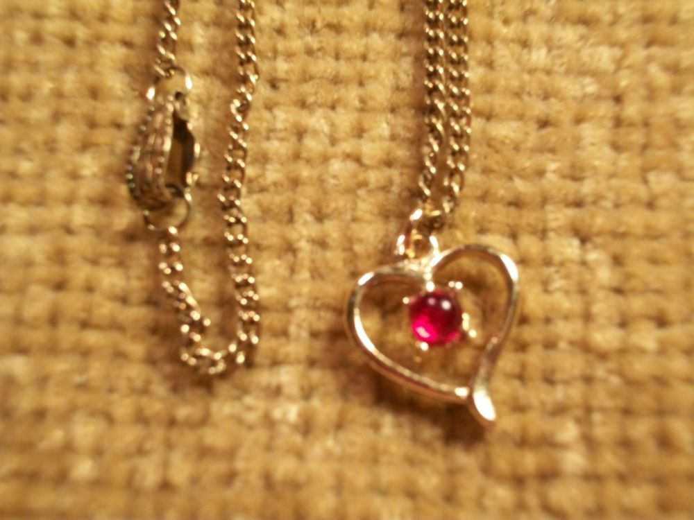 Pendant Open Heart Gold Metal Necklace Faux Ruby VTG Jewelry July Birthstone