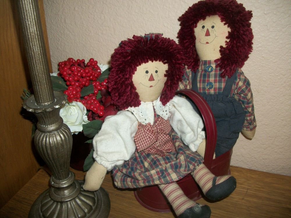 Raggedy Ann Style Folk Art Rag Dolls He She Boy Girl Prim Americana Home Decor