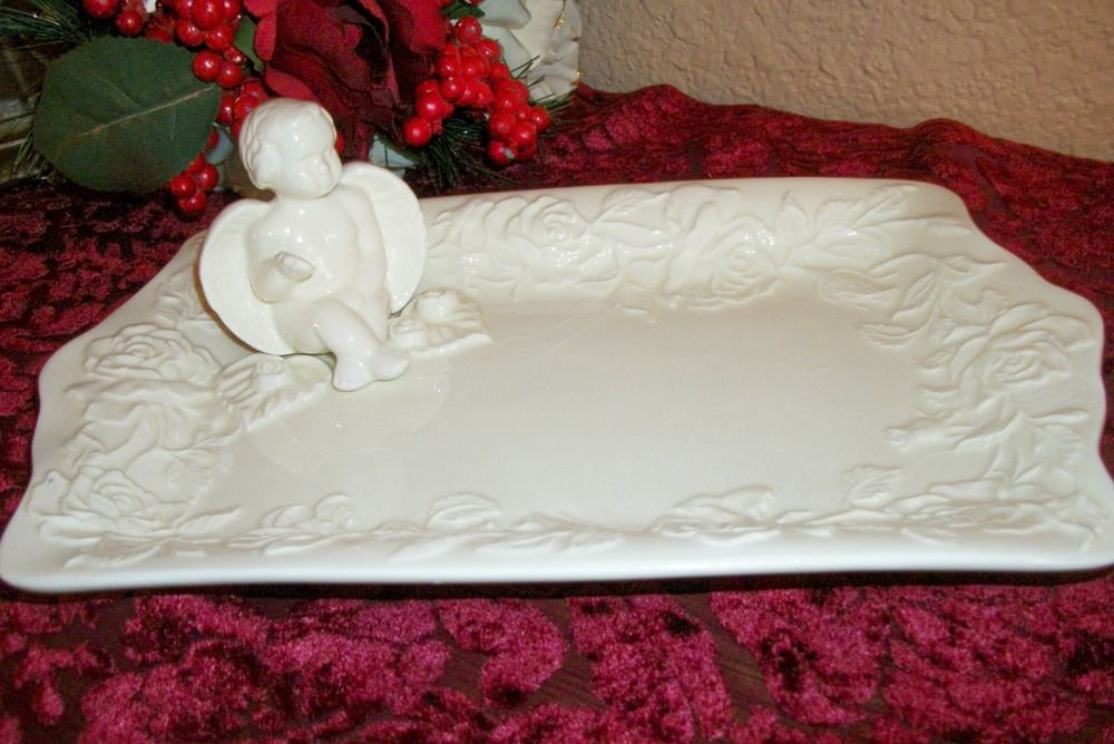 Angel Figurine Vanity Table Tray White Ceramic Cheruband Roses VTG Home Decor