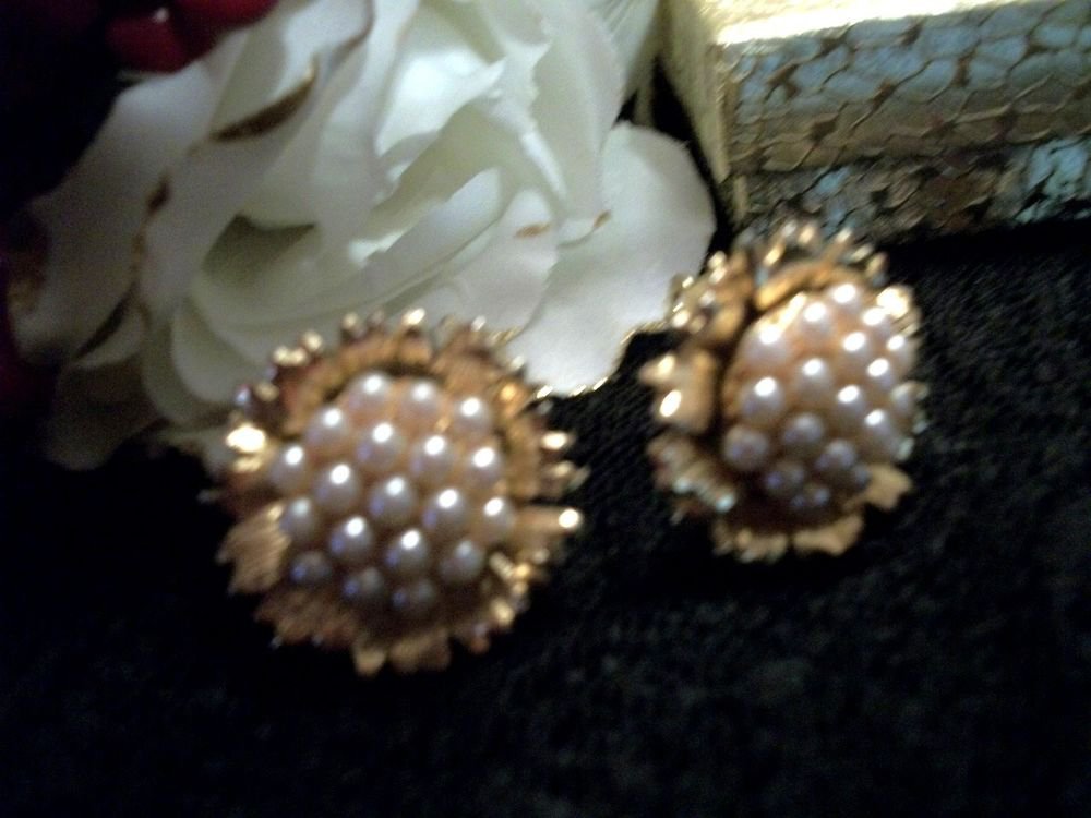 Gold Metal Clip-On Earrings Faux Pearls Round Floral Cluster VTG Costume Jewelry