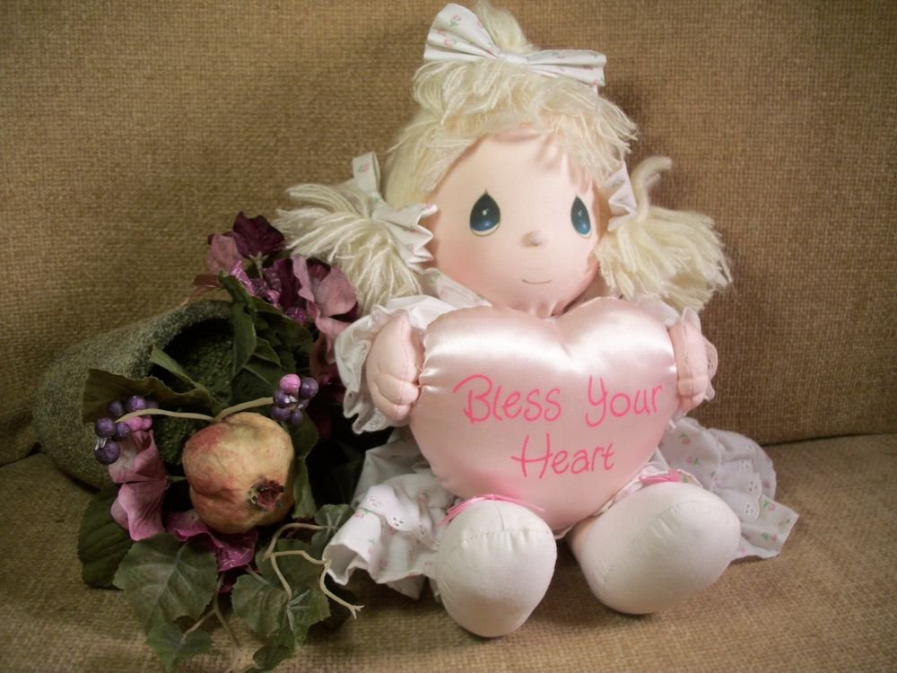 Precious Moments Blond Doll Bless Your Heart Pink Satin Pillow VTG 1985 Keepsake