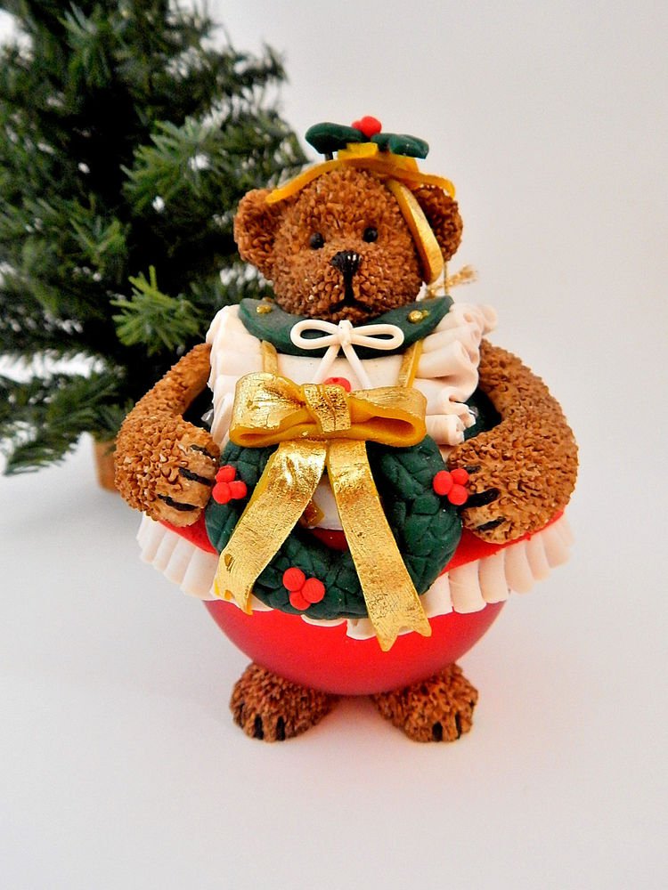 Teddy Bear Figurine Christmas Tree Ornament Roly-Poly Brown Resin Girl Bear