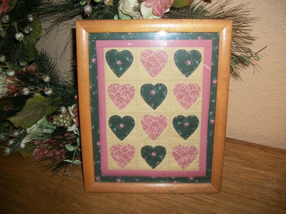 VTG Quilted Hearts Framed Wall Hanging Picture Green Pink Hand Stitched Decor